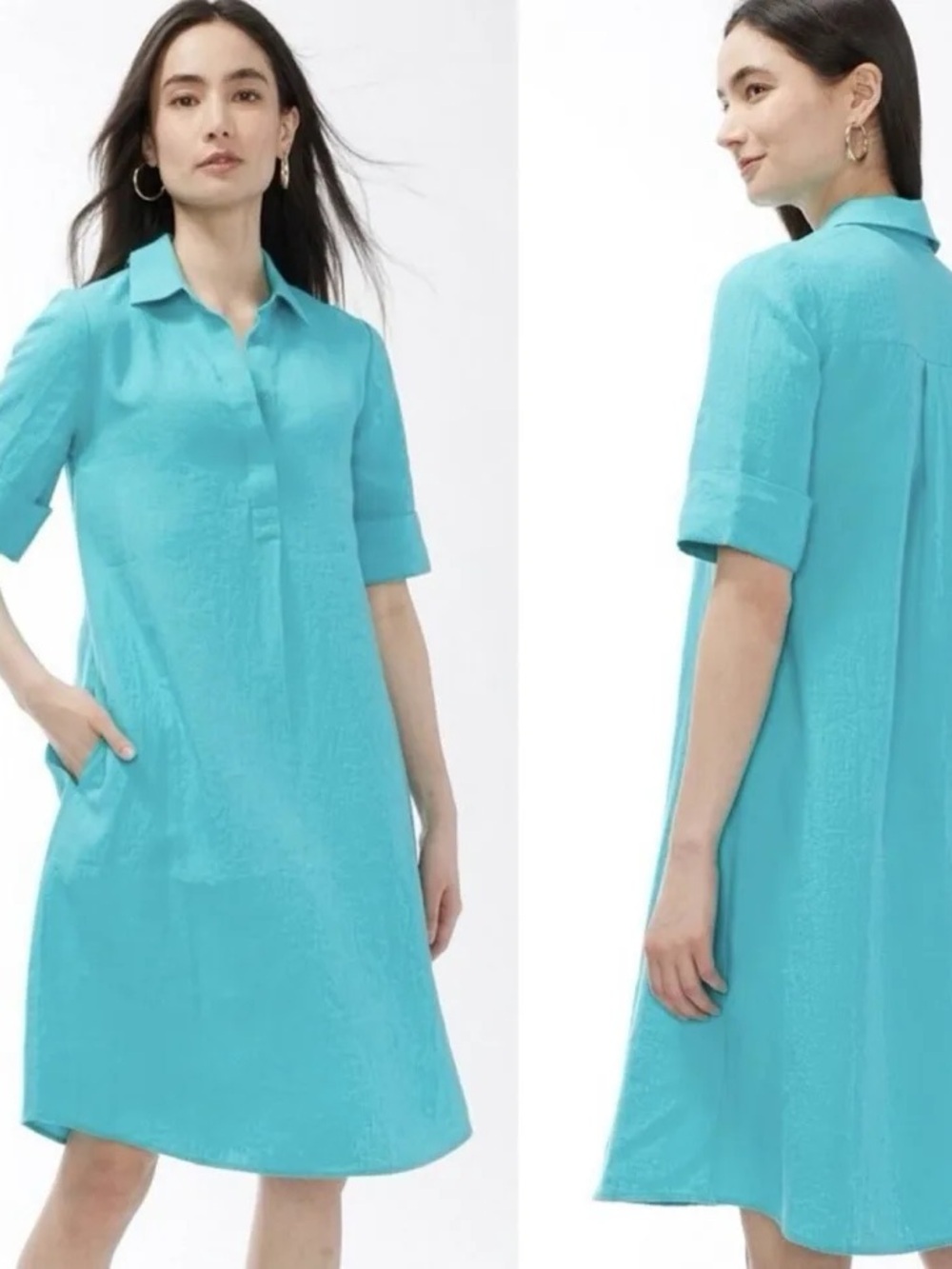 NEW Chico's Linen Popover Shirt Agua Azul Dress Green 12 Chico’s 2 NWT